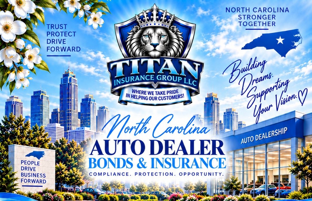 North Carolina Auto Dealer Bonds & Insurance. Titan Insurance Group LLC. The supplied blue skyline, dealership, dogwood flowers and silver lion crest.