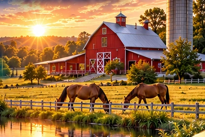 Red barn and silo with horses beside a pond at sunset